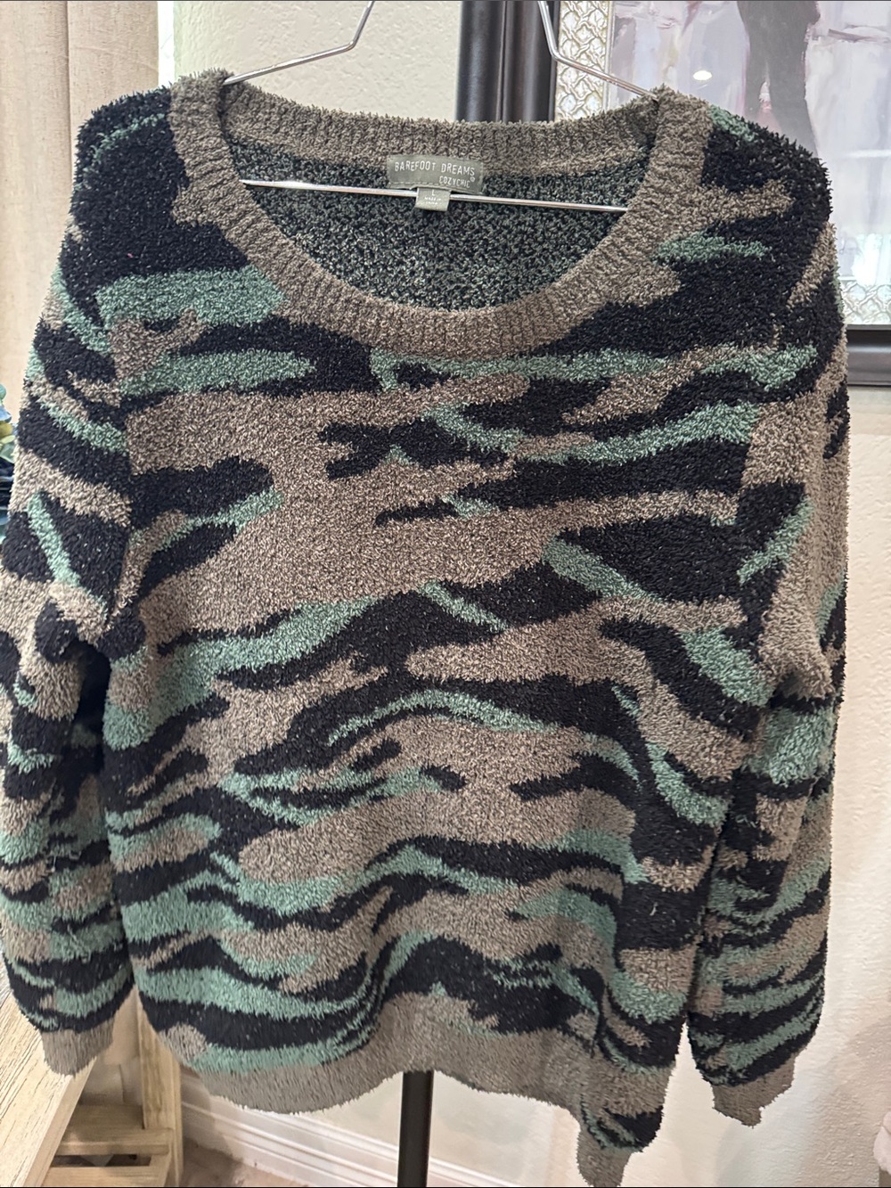 Barefoot Dreams Cozy Camo Crewneck Sweater in Green, Gray & Black